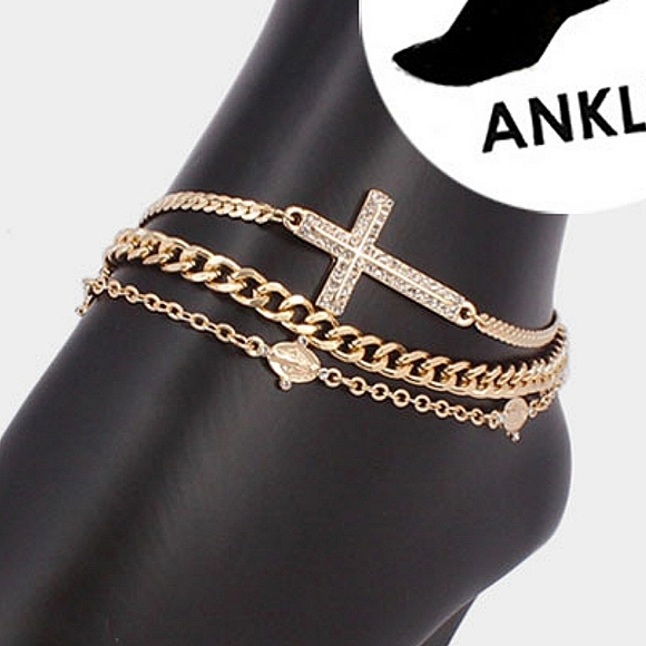 Gold Chain Virgin Mary Sideways Cross Pendant Rhinestone Layered Anklet Metal - Picture 2 of 3